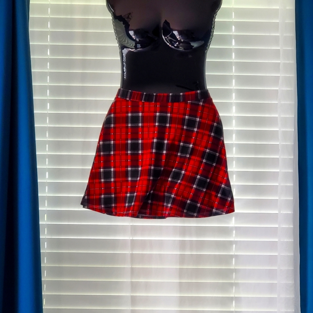 Beware! Plaid Red, White, and Black Skirt